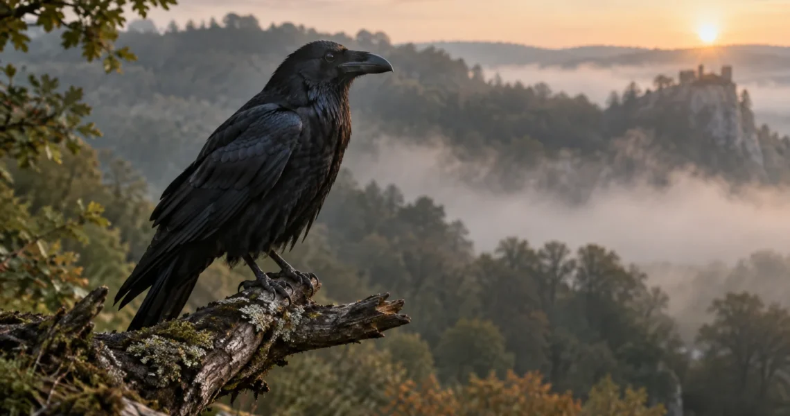 Corbeau noir posé sur une branche dans une forêt brumeuse au lever du jour