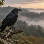 Corbeau noir posé sur une branche dans une forêt brumeuse au lever du jour
